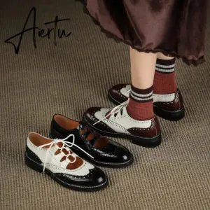 Aiertu Shoes Women Split leather Shoes for Women Spring/Autumn Women Loafers Summer Brogues Vintage Lace-up Shoes Women Pumps