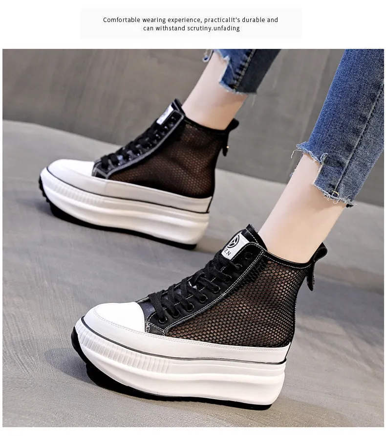 Amozae  Women Summer Shoes Boots Ankle 2022 Spring Autumn Platform Wedge Sneakers Shoes 7.5Cm Breathable Air Mesh Summer Boots