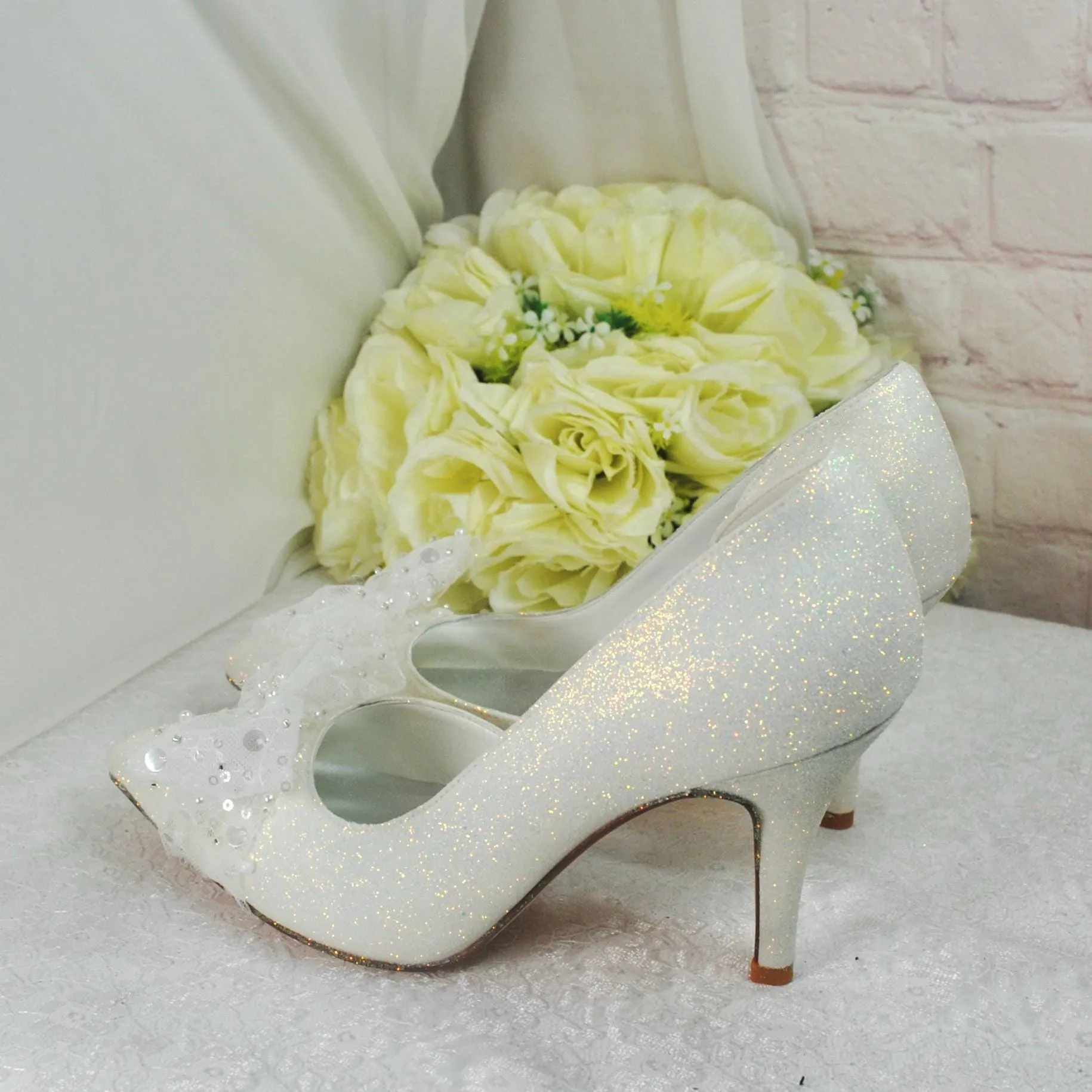 Beautiful Ivory Shimmer Wedding Shoes with Bow, Embellished Bridal Shoes, Wedding Heels for Bride, D'Orsay Wedding Heels with Bow