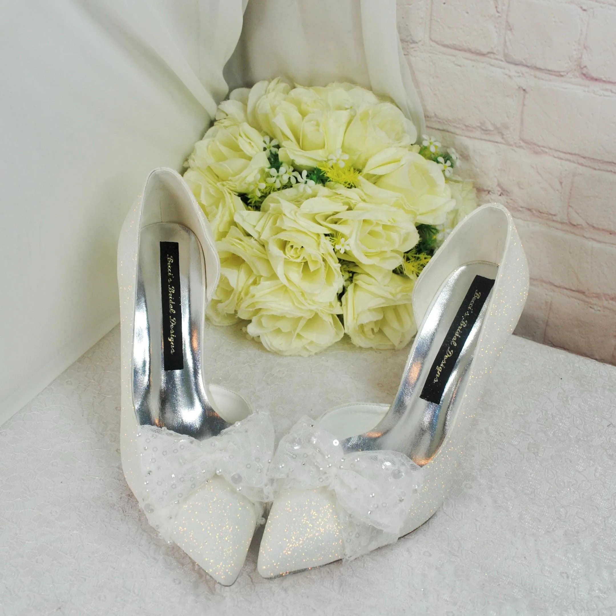 Beautiful Ivory Shimmer Wedding Shoes with Bow, Embellished Bridal Shoes, Wedding Heels for Bride, D'Orsay Wedding Heels with Bow