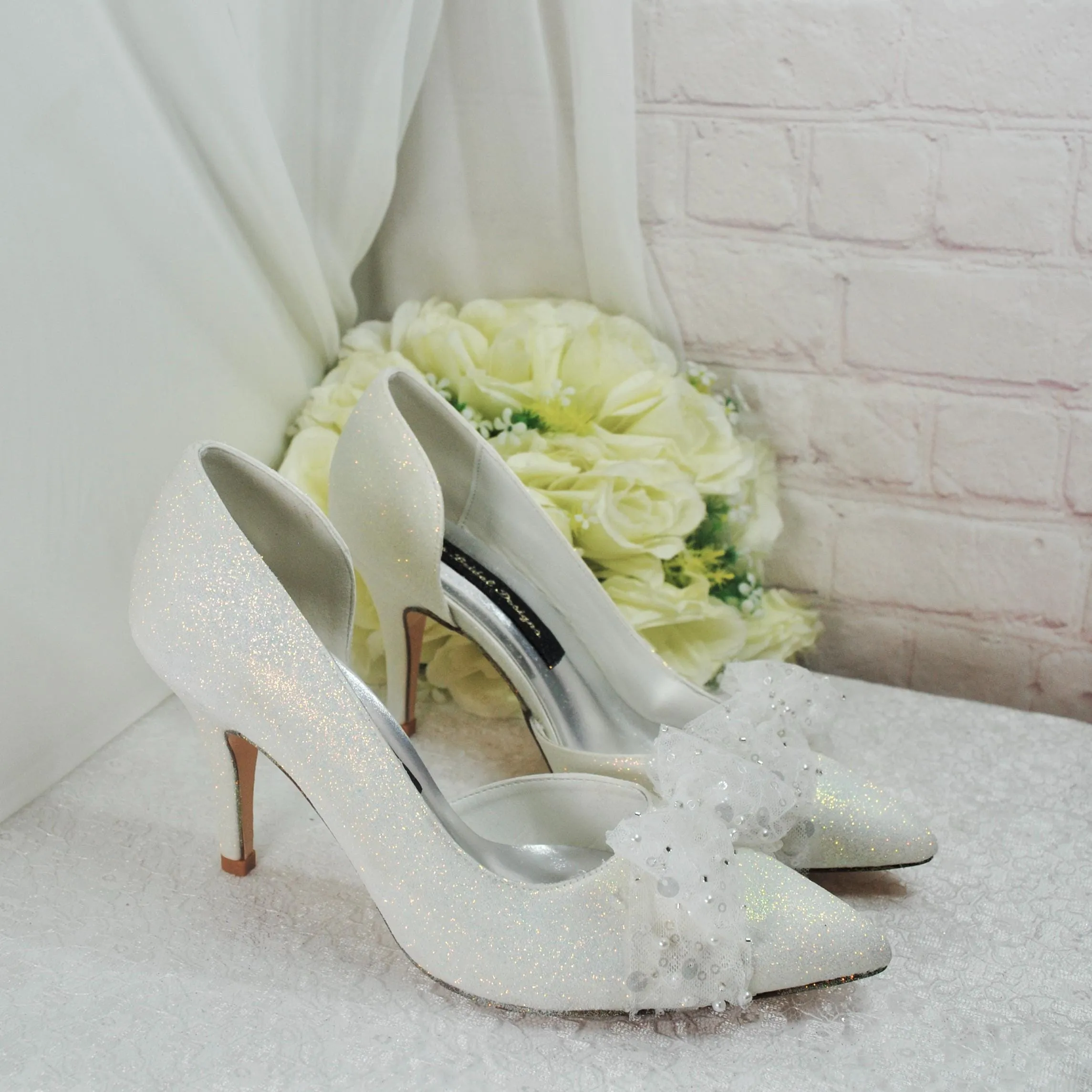 Beautiful Ivory Shimmer Wedding Shoes with Bow, Embellished Bridal Shoes, Wedding Heels for Bride, D'Orsay Wedding Heels with Bow