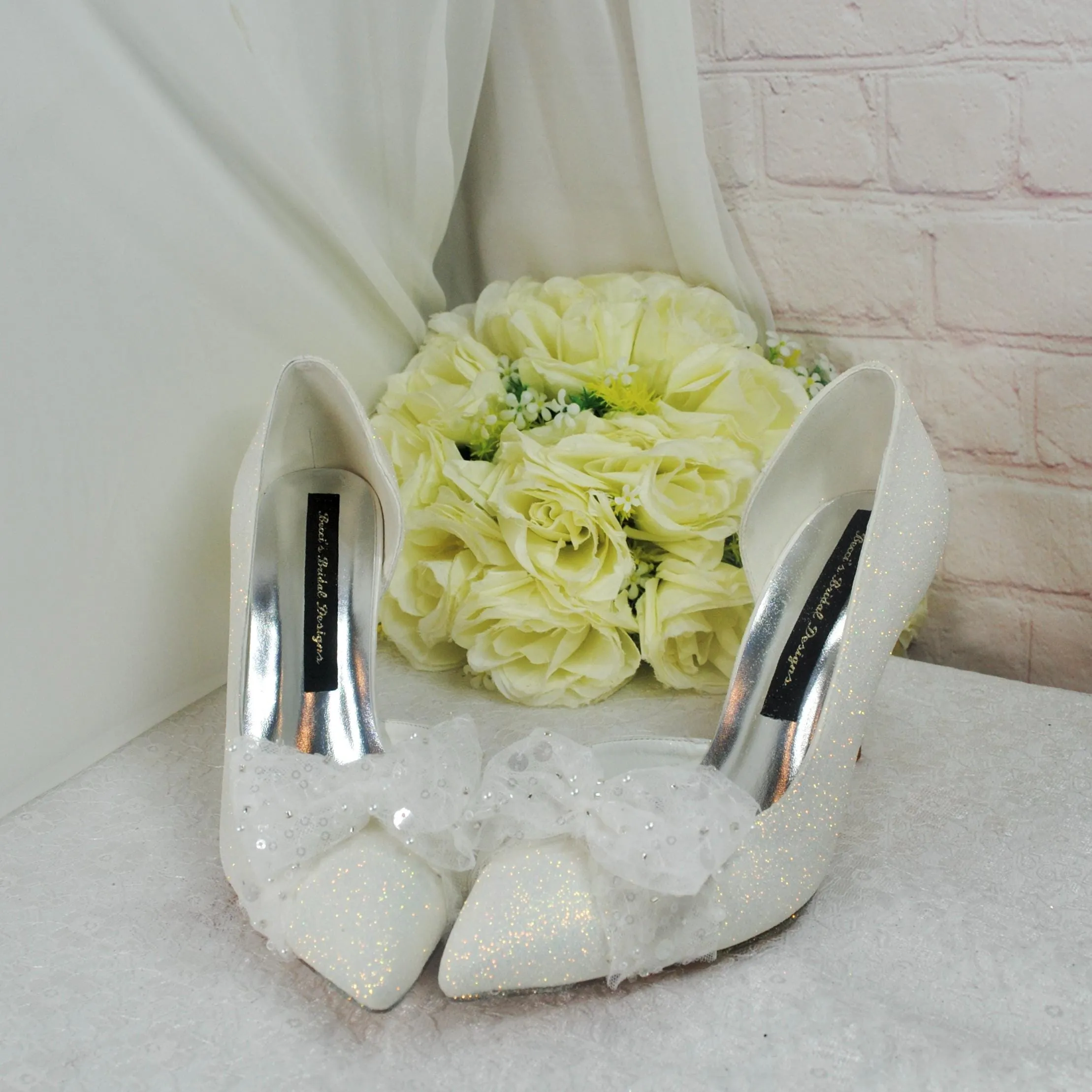 Beautiful Ivory Shimmer Wedding Shoes with Bow, Embellished Bridal Shoes, Wedding Heels for Bride, D'Orsay Wedding Heels with Bow