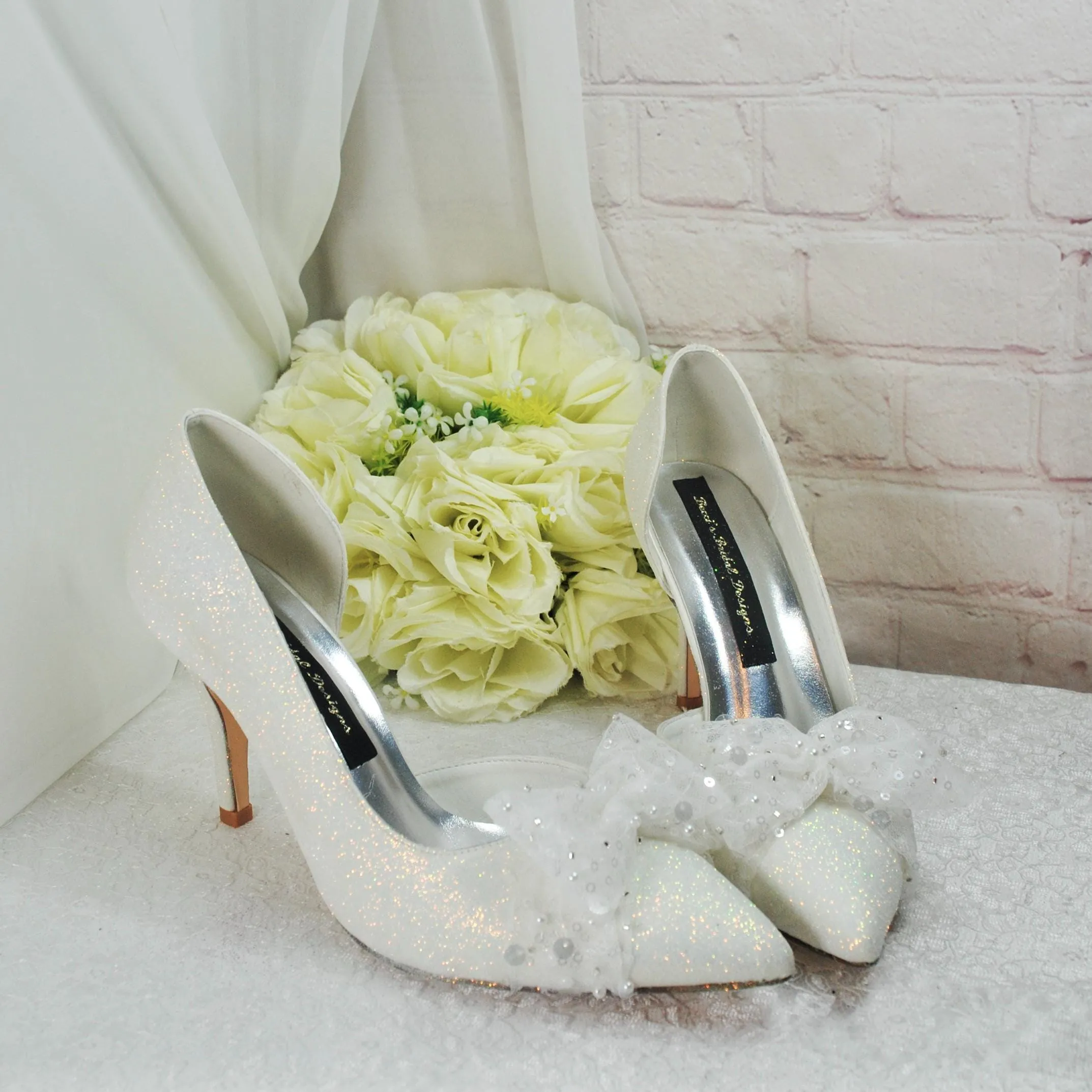 Beautiful Ivory Shimmer Wedding Shoes with Bow, Embellished Bridal Shoes, Wedding Heels for Bride, D'Orsay Wedding Heels with Bow