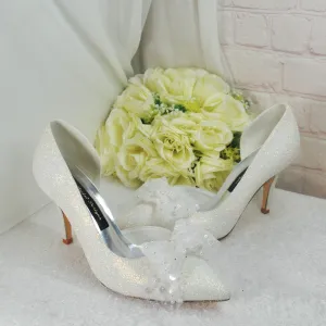 Beautiful Ivory Shimmer Wedding Shoes with Bow, Embellished Bridal Shoes, Wedding Heels for Bride, D'Orsay Wedding Heels with Bow