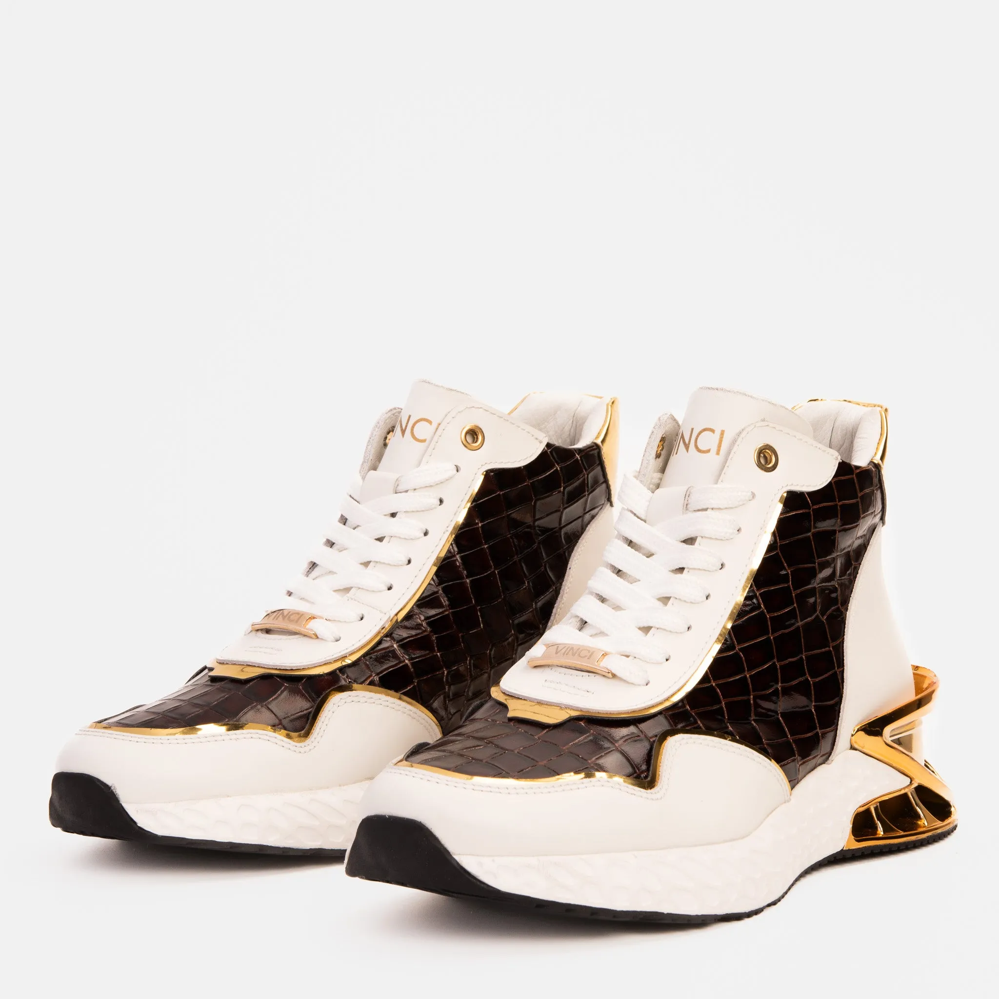 Bellagio White & Gold Leather High-Top Men Sneaker