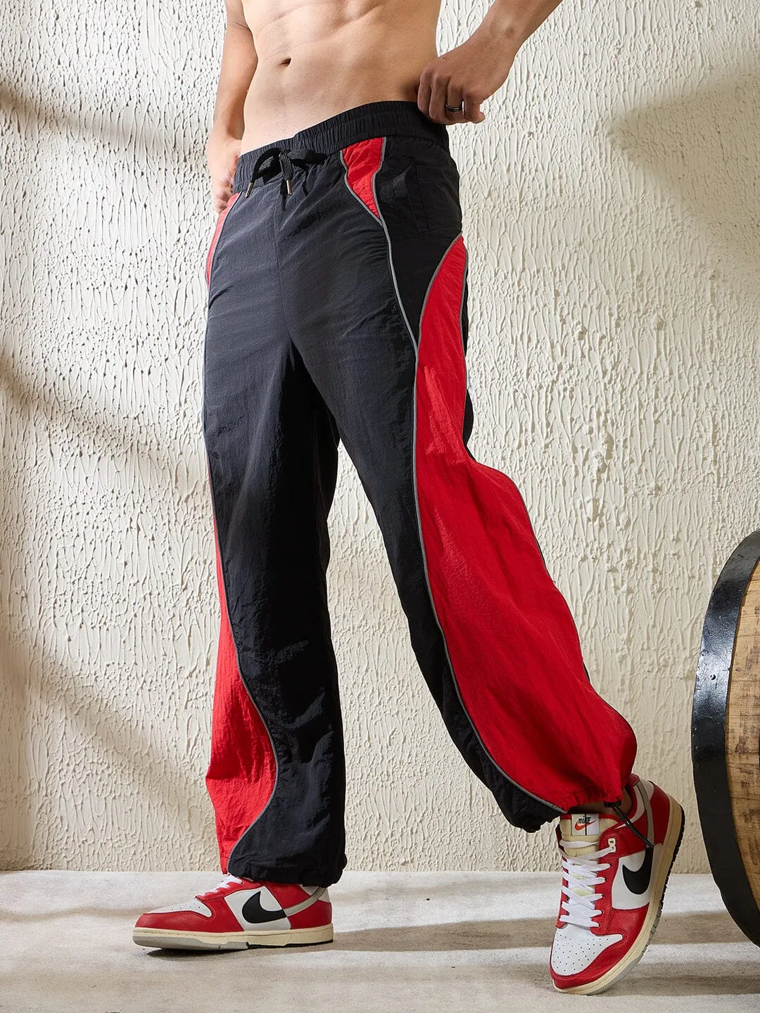 Black and Red Crinkle Cut and Sew Trackpants