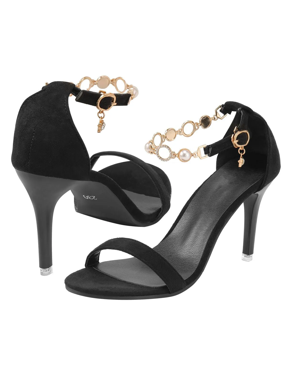 Black Pearl Chain Metal Point Toe Cone Heels