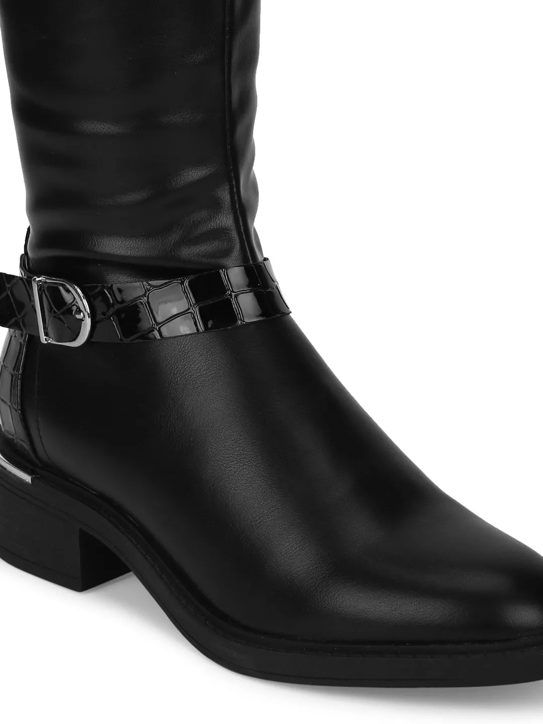 Black PU Side Buckle Back Zip Riding Knee Boots