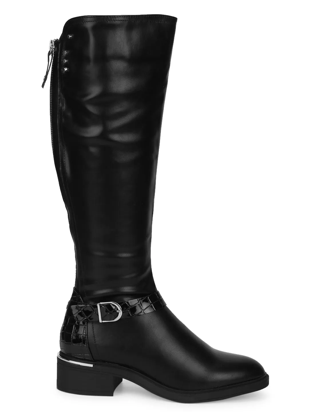 Black PU Side Buckle Back Zip Riding Knee Boots