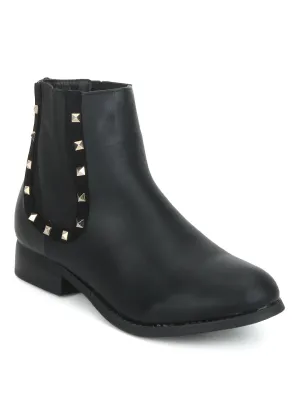 Black PU Stud Detailed Flat Ankle Length Boots