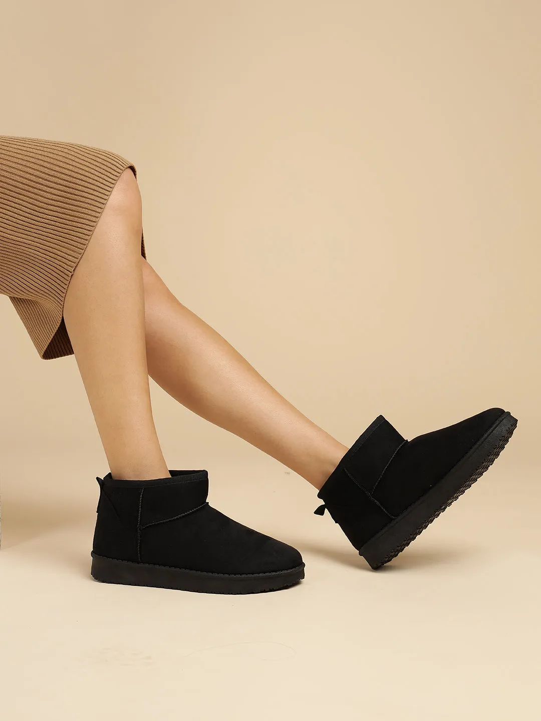 Black Suede Winter Stylish Low Ankle Boots (TC-RS3683L-BLK)