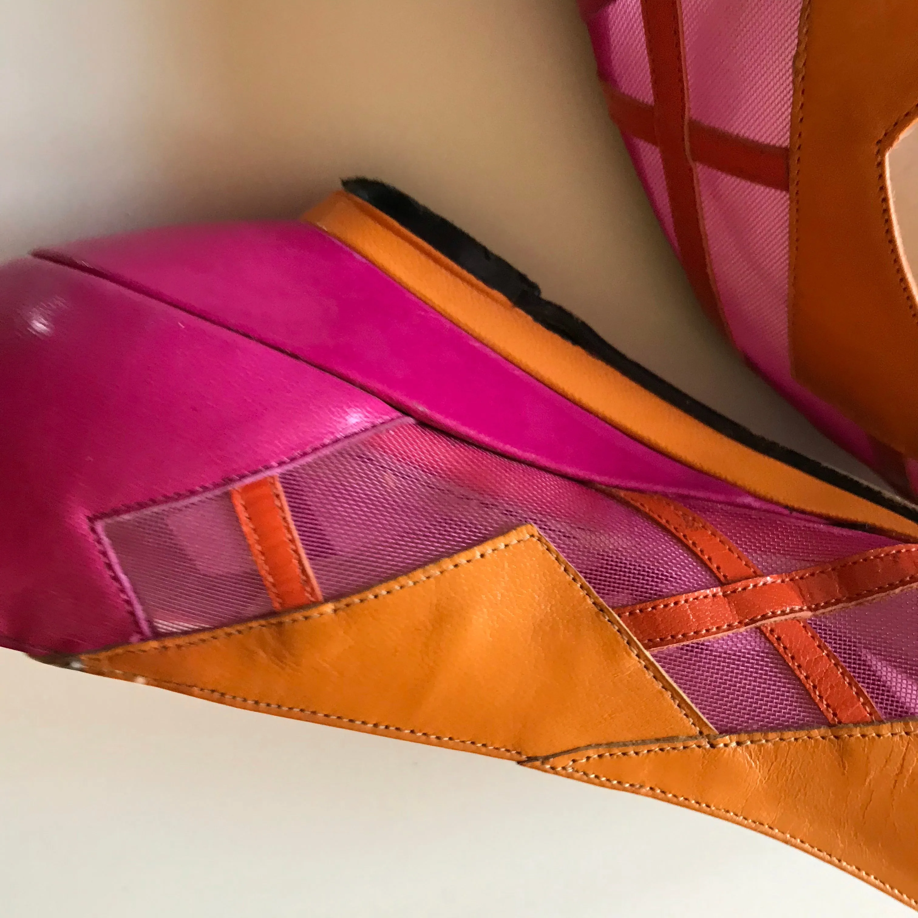 Bright Orange and Pink Wedge Heel Shoes Flats circa 1980s 7