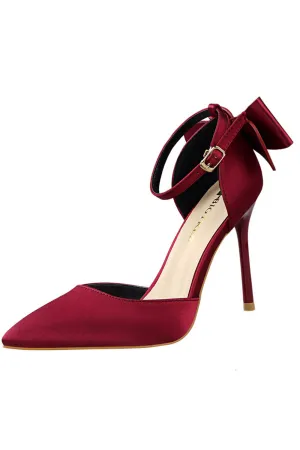 Burgundy Satin Prom Heels with Bowknot