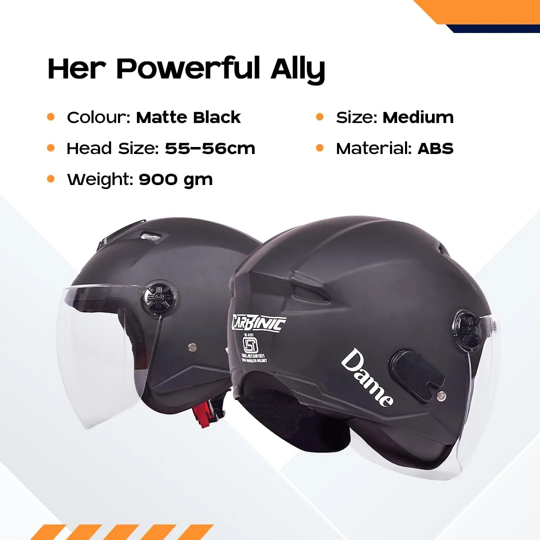 CARBINIC Dame Series Half Face Helmet for Women | ISI Certified | Clear & Scratch Resistant Visor | Lightweight & Stylish | Medium | Black