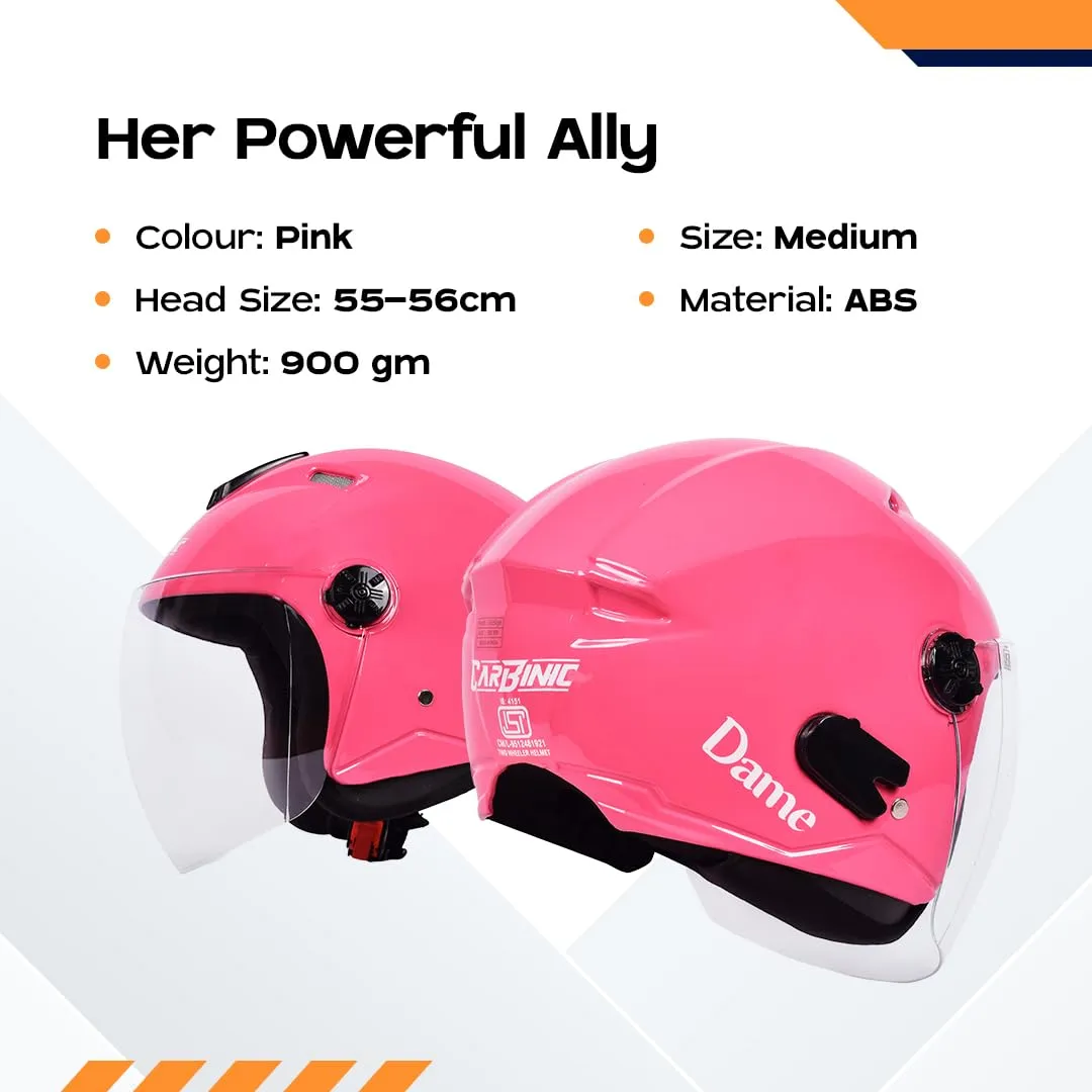 CARBINIC Dame Series Half Face Helmet for Women | ISI Certified | Clear & Scratch Resistant Visor | Lightweight & Stylish | Medium | Pink