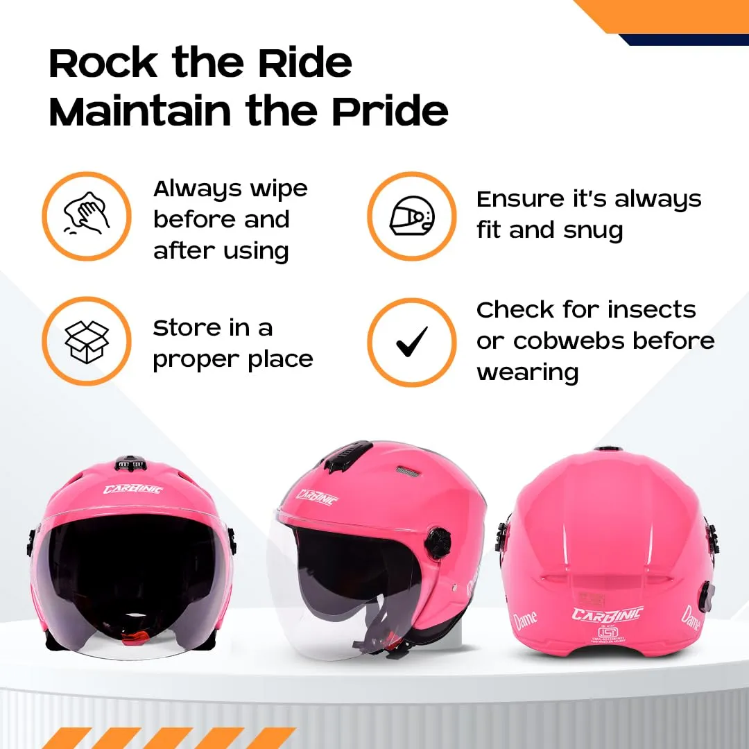 CARBINIC Dame Series Half Face Helmet for Women | ISI Certified | Clear & Scratch Resistant Visor | Lightweight & Stylish | Medium | Pink