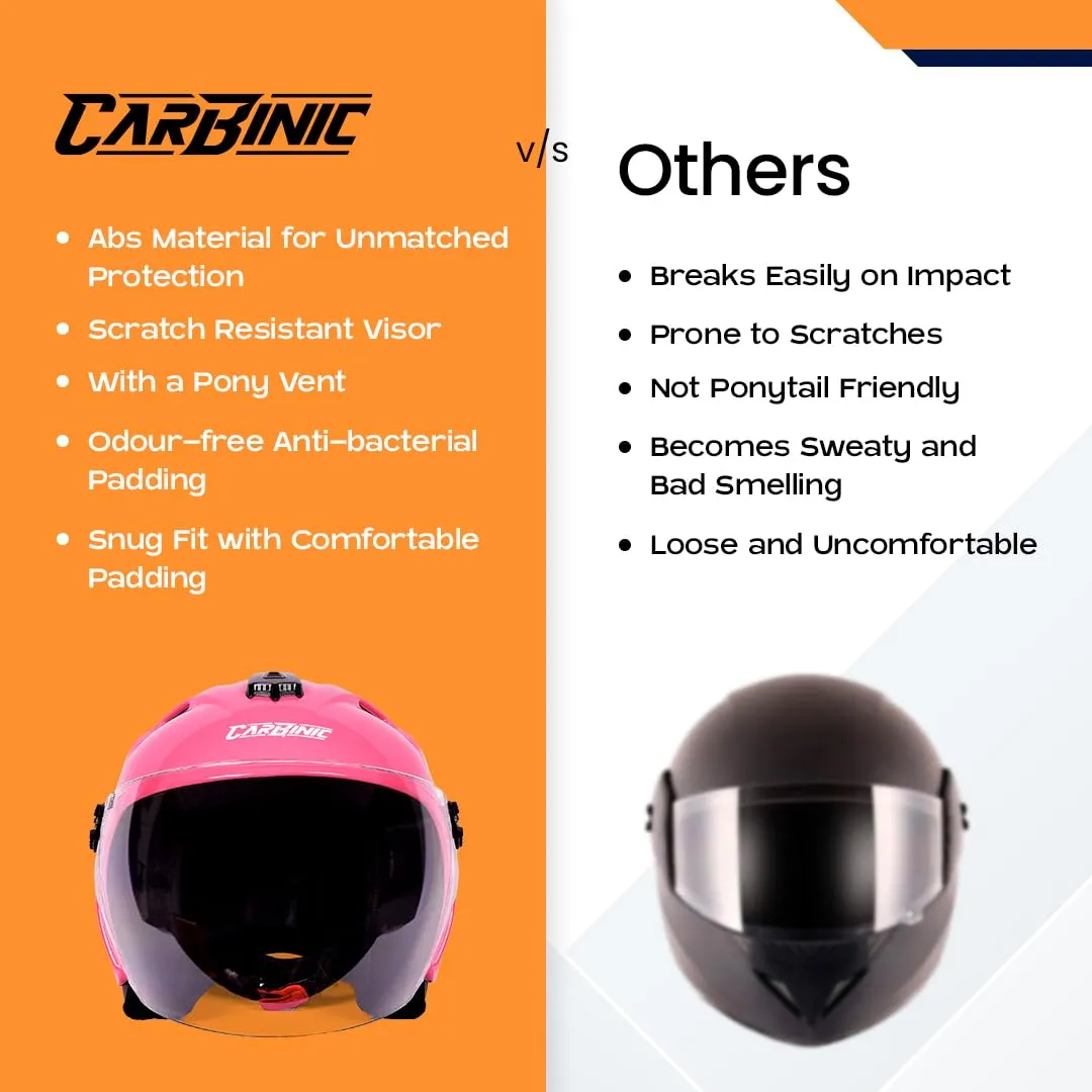 CARBINIC Dame Series Half Face Helmet for Women | ISI Certified | Clear & Scratch Resistant Visor | Lightweight & Stylish | Medium | Pink