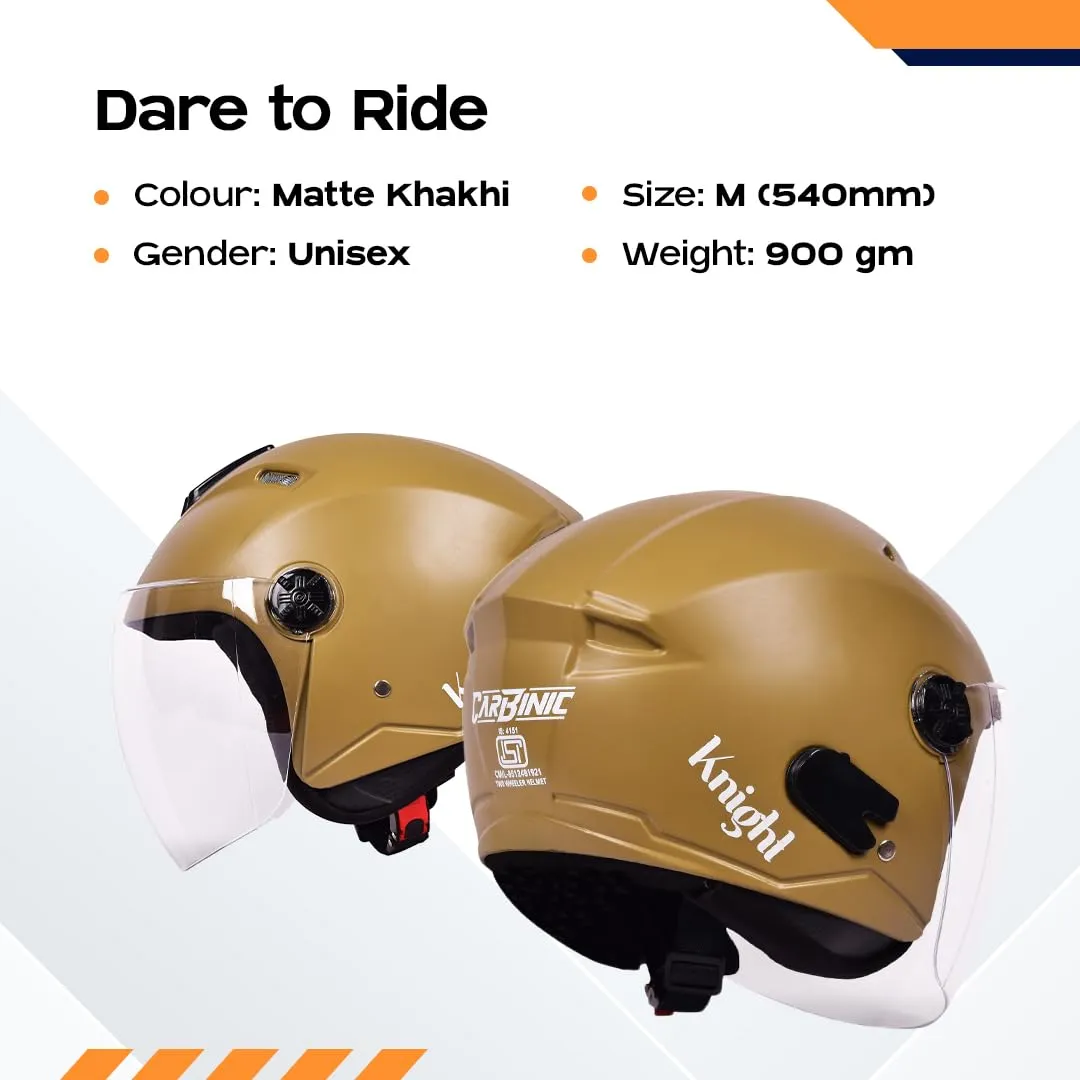 CARBINIC Knight Series Half Face Helmet for Men & Women | ISI Certified | Clear & Scratch Resistant Visor | Lightweight & Stylish | Medium | Matt Khakhi