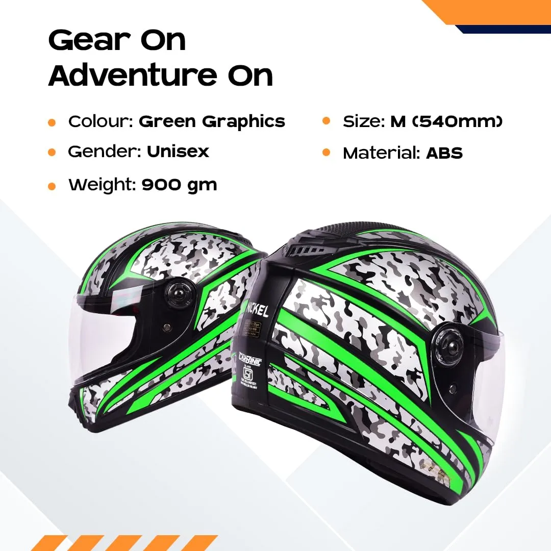 CARBINIC Nickel Series Full Face Helmet for Men & Women | ISI Certified | Clear & Scratch Resistant Visor | Lightweight & Stylish | Medium | Green Graphic