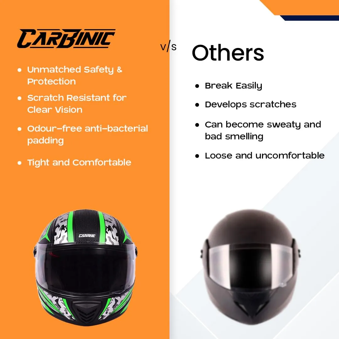 CARBINIC Nickel Series Full Face Helmet for Men & Women | ISI Certified | Clear & Scratch Resistant Visor | Lightweight & Stylish | Medium | Green Graphic