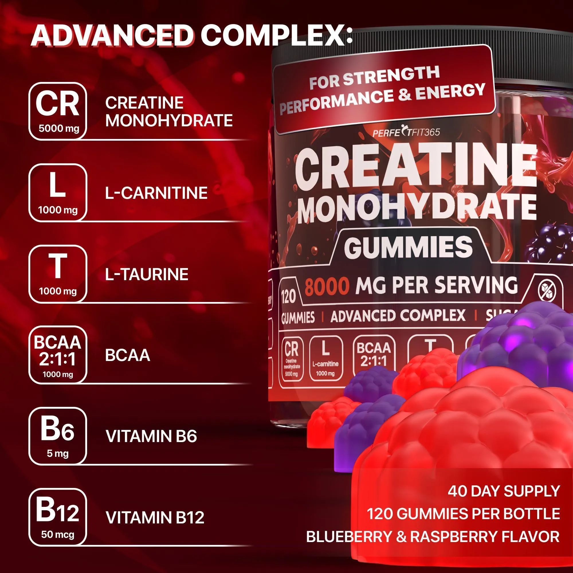 Creatine Monohydrate Gummies Complex 8000mg Chewable for Women and Men with L