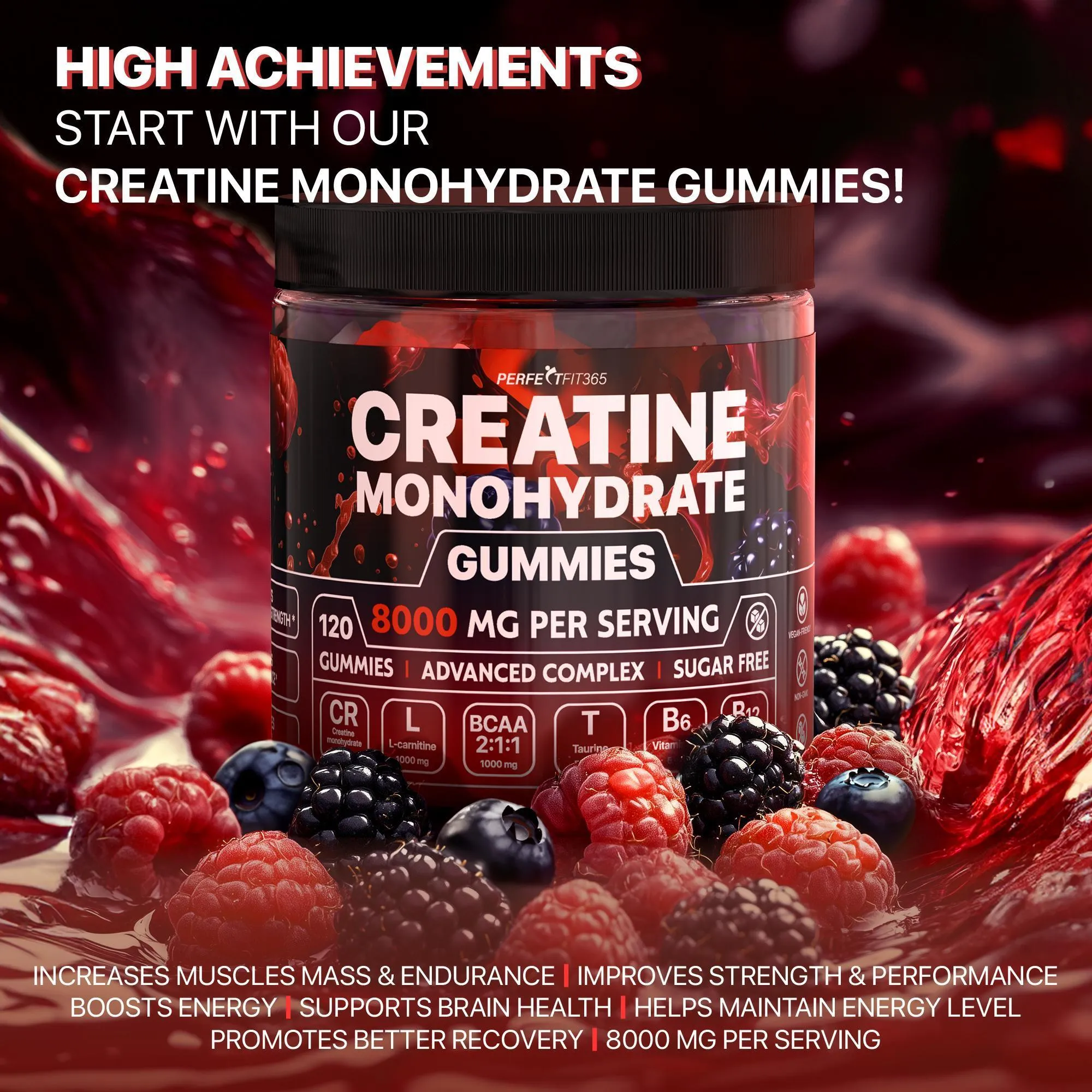 Creatine Monohydrate Gummies Complex 8000mg Chewable for Women and Men with L