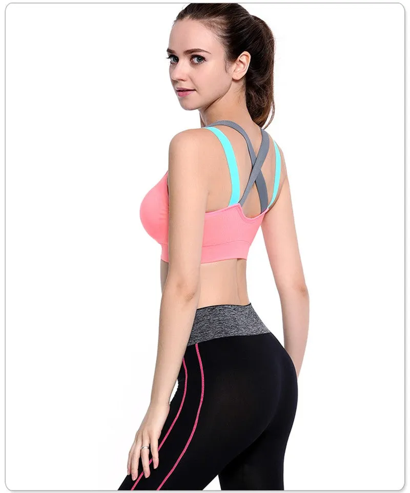 Cross Strap Back Women Sports Bra,Professional Quick Dry Padded Shockproof Gym Fitness Running Yoga Sport Brassiere Top