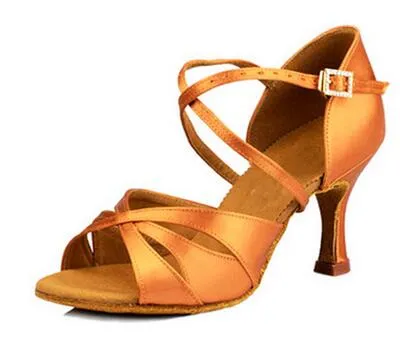 Dark Tan Satin Ballroom Practice Shoes Latin Salsa Dance Shoes