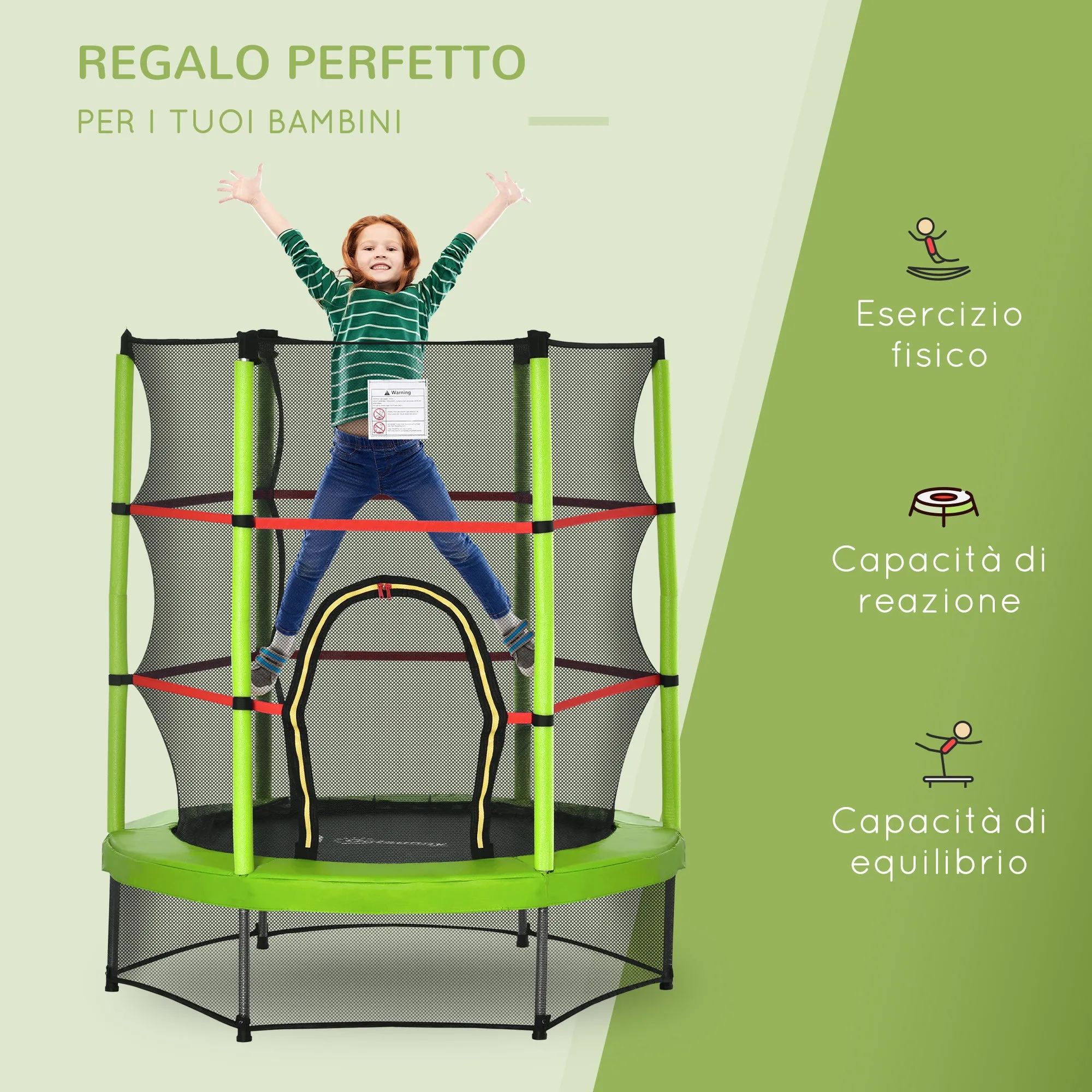 Easycomfort Tappeto Elastico per Bambini da 3 Anni senza Molle con Rete di Protezione ?140cm, Nero Verde