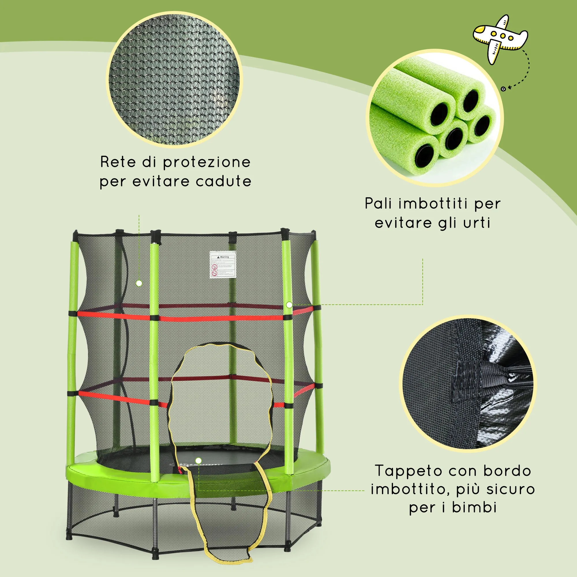 Easycomfort Tappeto Elastico per Bambini da 3 Anni senza Molle con Rete di Protezione ?140cm, Nero Verde