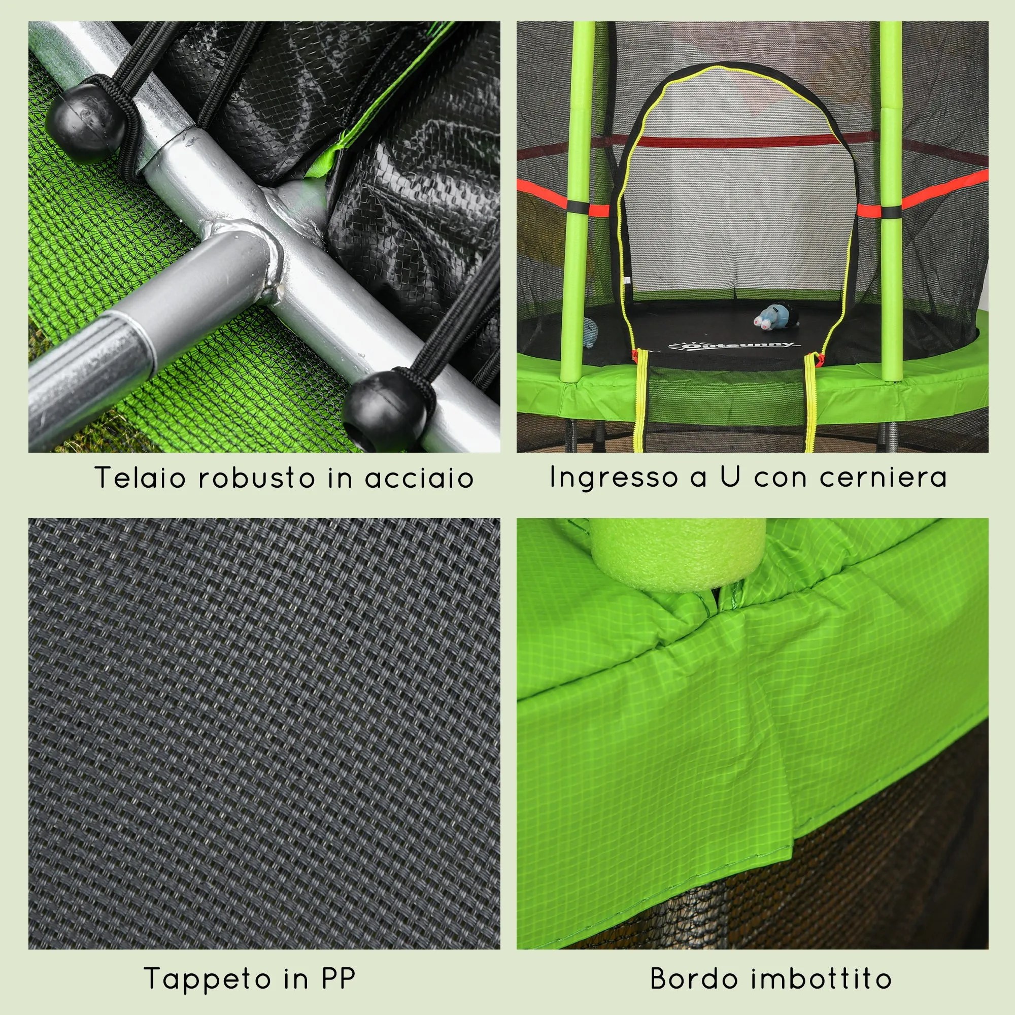 Easycomfort Tappeto Elastico per Bambini da 3 Anni senza Molle con Rete di Protezione ?140cm, Nero Verde