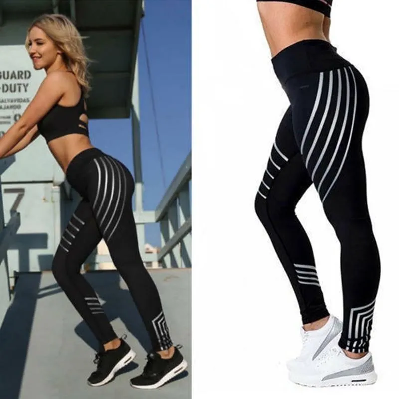 Fitness Reflective Striped Pattern Pants Gym Leggings for Women