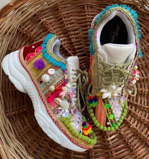 FUNKY N TRENDY boho theme hand work sneakers for brides / bridesmaids/ boho sneakers / bohemian sneakers / boho shoes/ multi colored sneakers