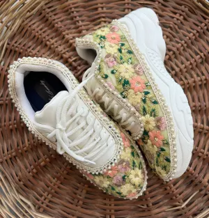 FUNKY N TRENDY fully hand crafted floral work sneakers /bridal sneakers / bridesmaid sneakers/ floral sneakers /colorful sneakers /bridal shoes / haldi mahendi shoes/ green sneakers