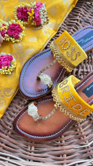 FUNKY N TRENDY hand crafted wedding theme kolhapuri for bride / handcrafted flats / quirky flats/boss bride kolhpauri / boss bride flats / yellow flats / haldi theme kolhapuris