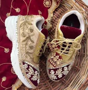 Funky N Trendy Maroon & Gold embroidery work bridal sneakers/ bridesmaid sneaker / golden sneakers/ Maroon sneakers / gold shoes/ bride shoes / handcrafted sneakers / bridal shoes