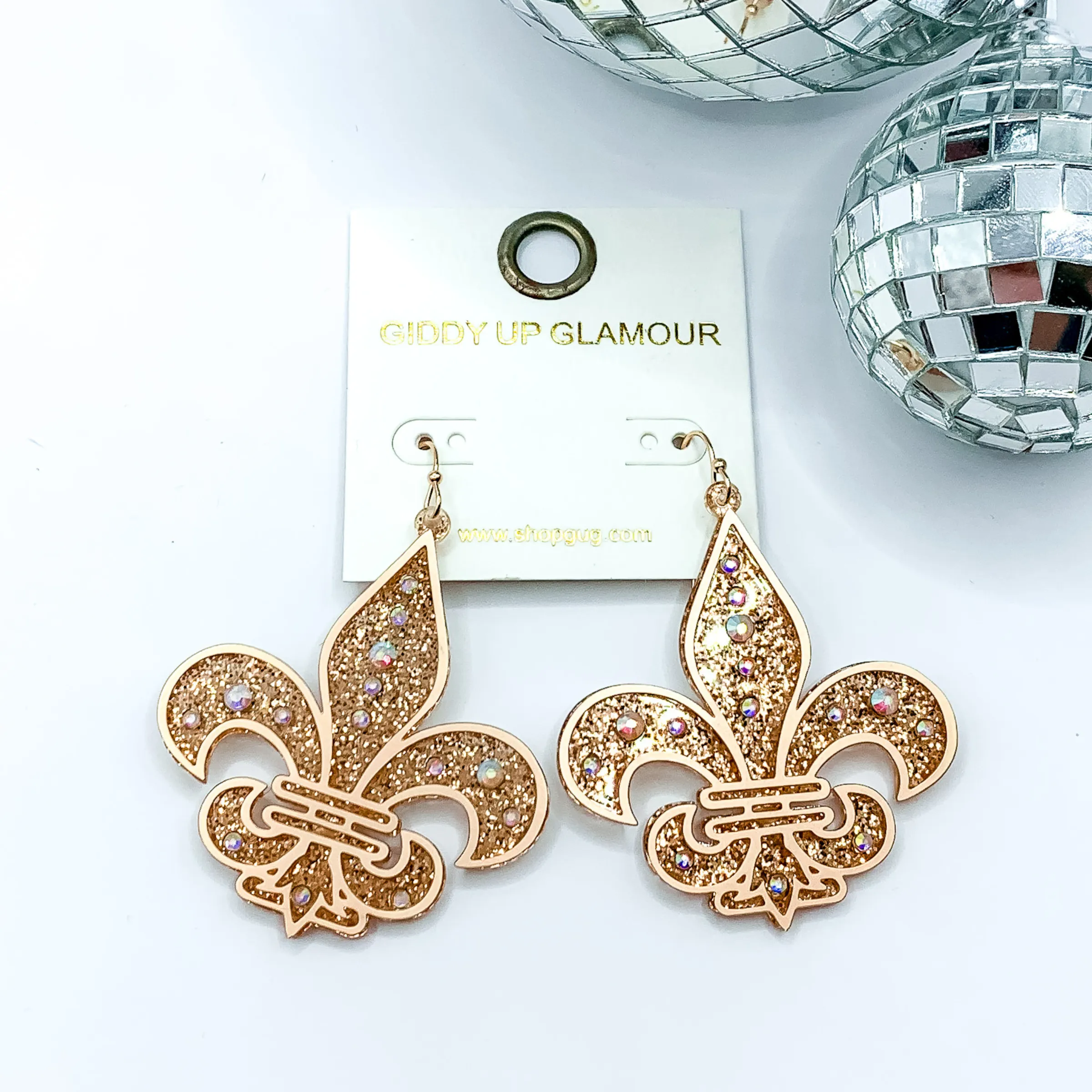 Glitter Fleur De Lis Earrings with AB Crystals in Gold Tone