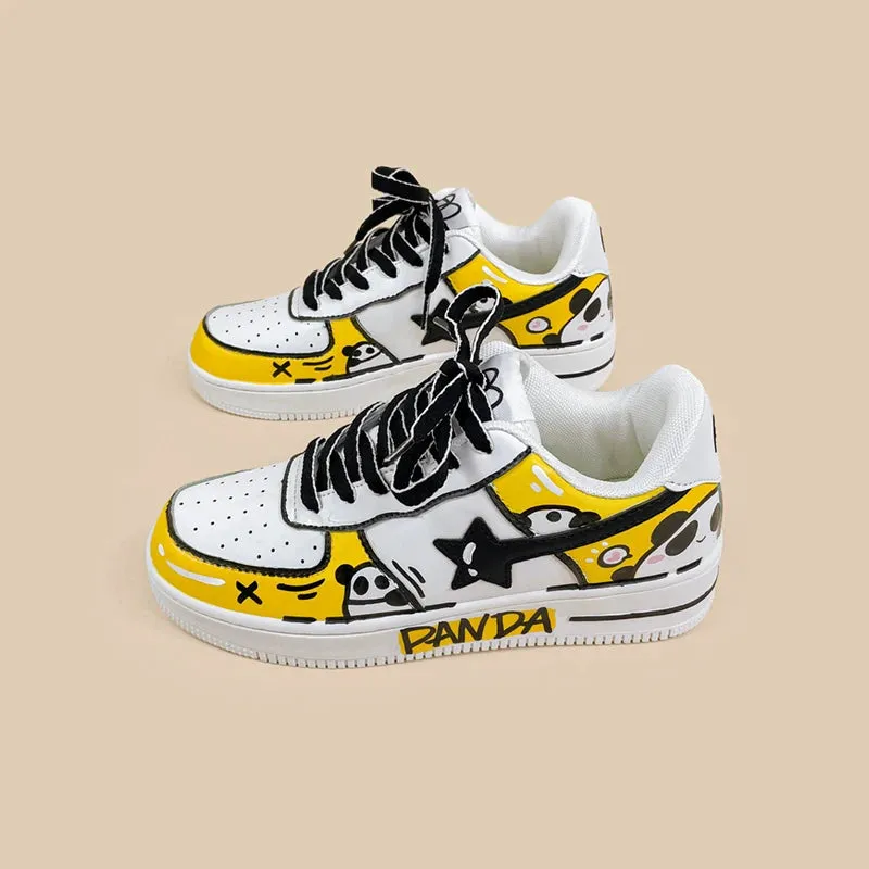 Hand Painted Yellow Panda Casual White Shoes - Unisex