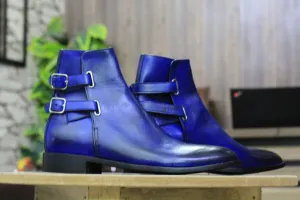 Handmade Blue Double Buckle Ankle High Boot, Men's Boot, Formal Wear Boot