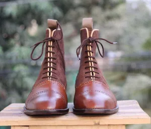 Handmade Brown Ankle Cap Toe Leather Suede Boot