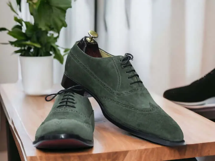 Handmade Green Suede Shoes, Wing Tip Shoes, Lace Up Dress Shoes