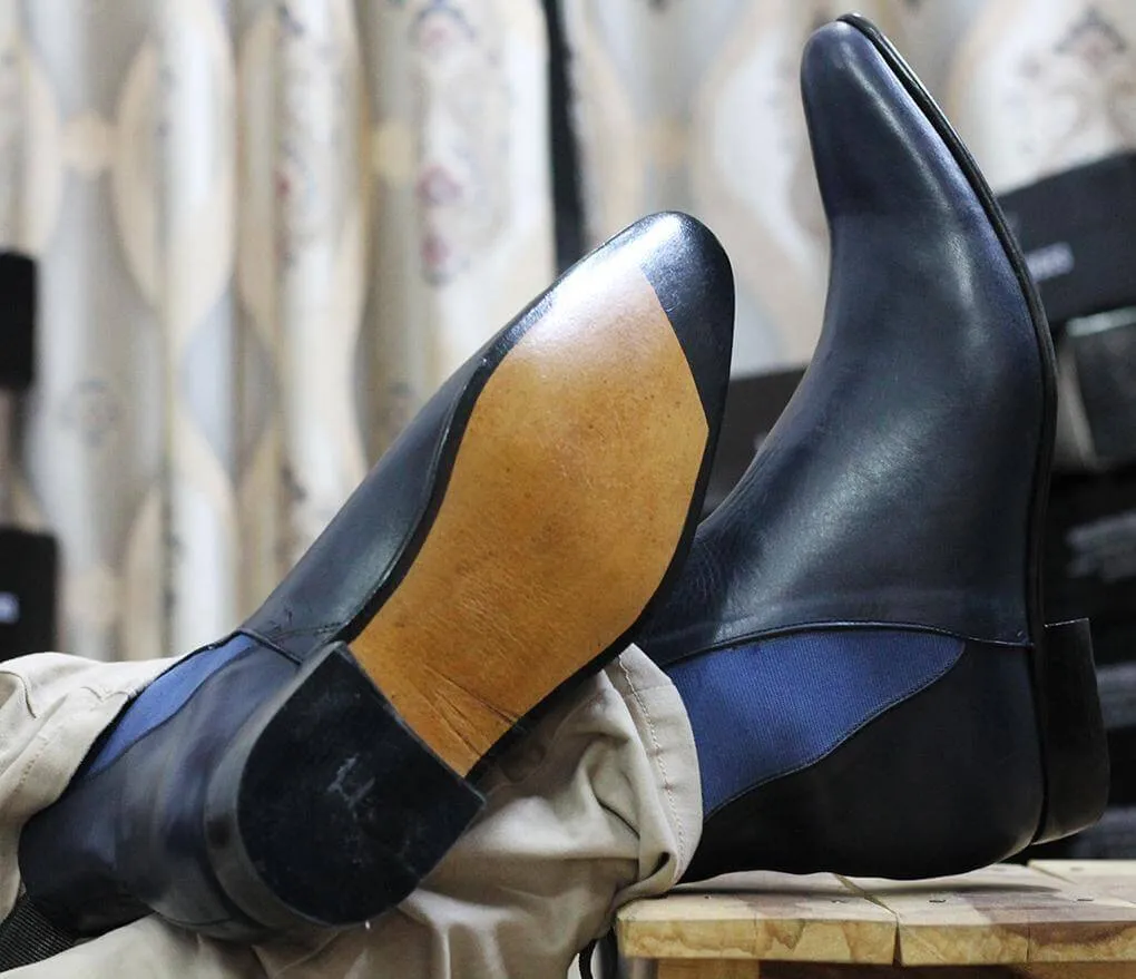 Handmade Navy Blue Leather Chelsea Ankle Boots