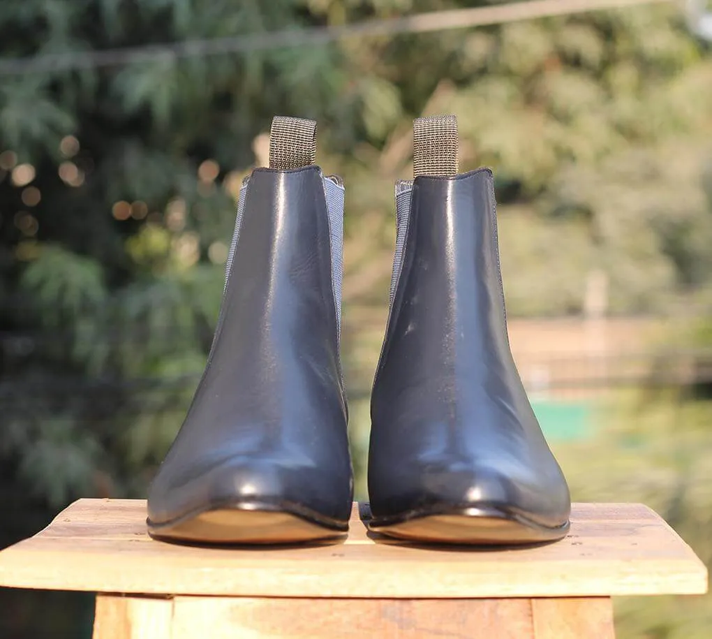 Handmade Navy Blue Leather Chelsea Ankle Boots