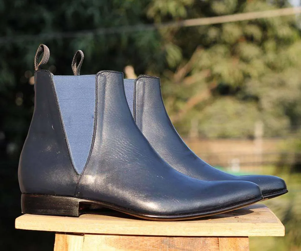 Handmade Navy Blue Leather Chelsea Ankle Boots