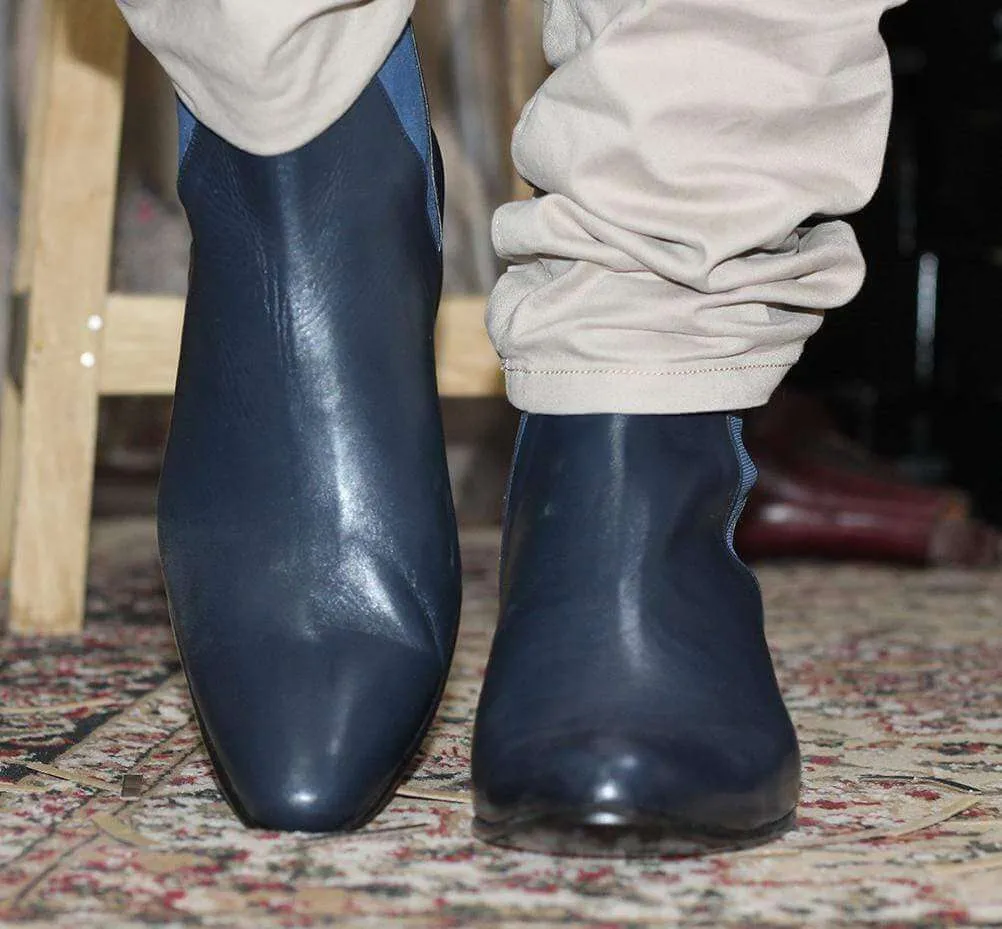 Handmade Navy Blue Leather Chelsea Ankle Boots