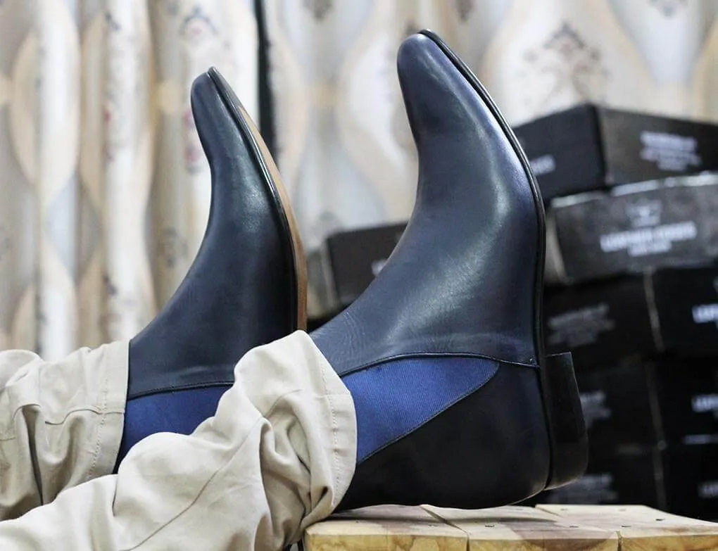 Handmade Navy Blue Leather Chelsea Ankle Boots