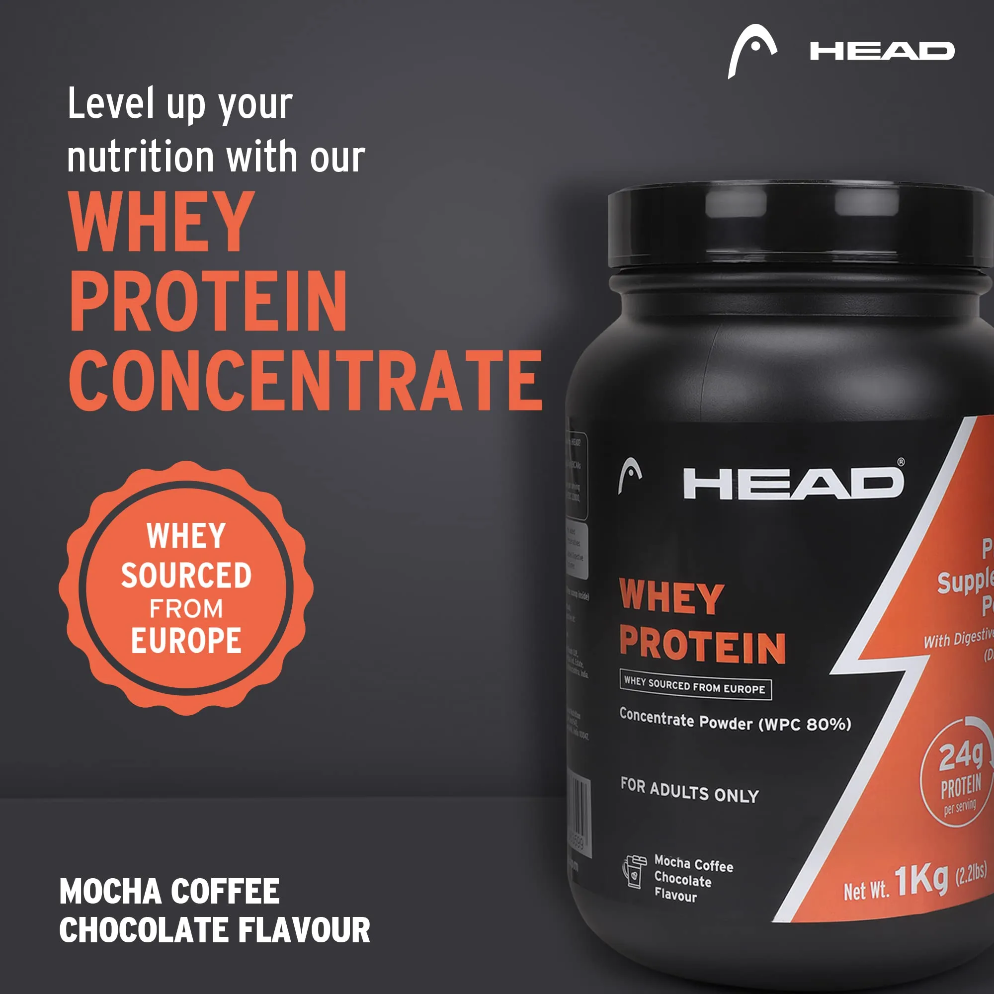 Head Premium 100% Whey Protein Concentrate Powder, Pack Of 1Kg, Mocha Coffee Flavor, 30 Servings, for Athletes, Sports & Fitness Enthusiast, Muscle Strength & Bone Health, Sugarfree, for Daily Protein Intake