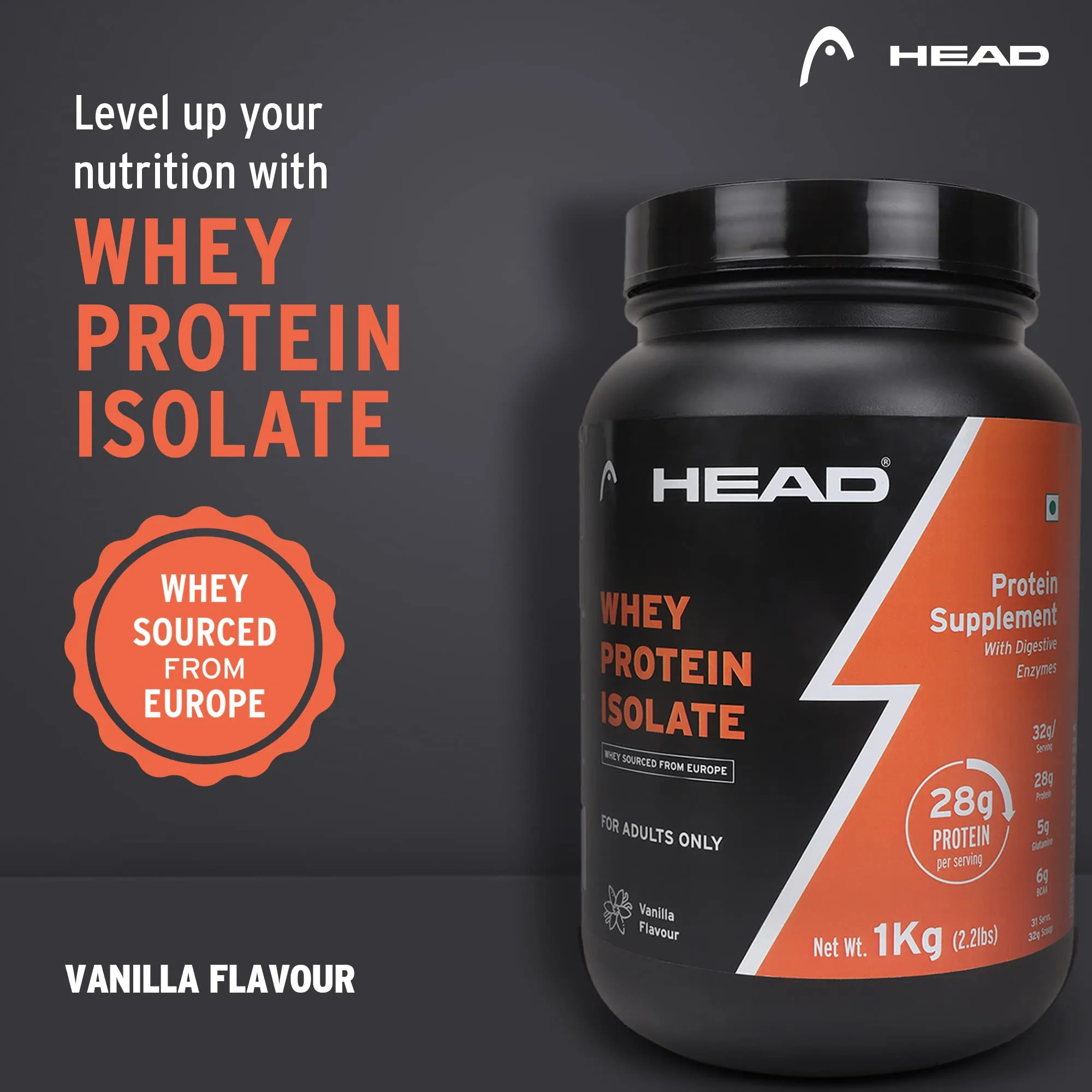 Head Premium 100% Whey Protein Powder Isolate, Pack of 1Kg for Athlete, Vanilla Flavor, 30 Serving, Sports & Fitness Enthusiast, Muscle Strength & Bone Health, Sugarfree - Primary Source - Whey Isolate (Sourced From Europe)