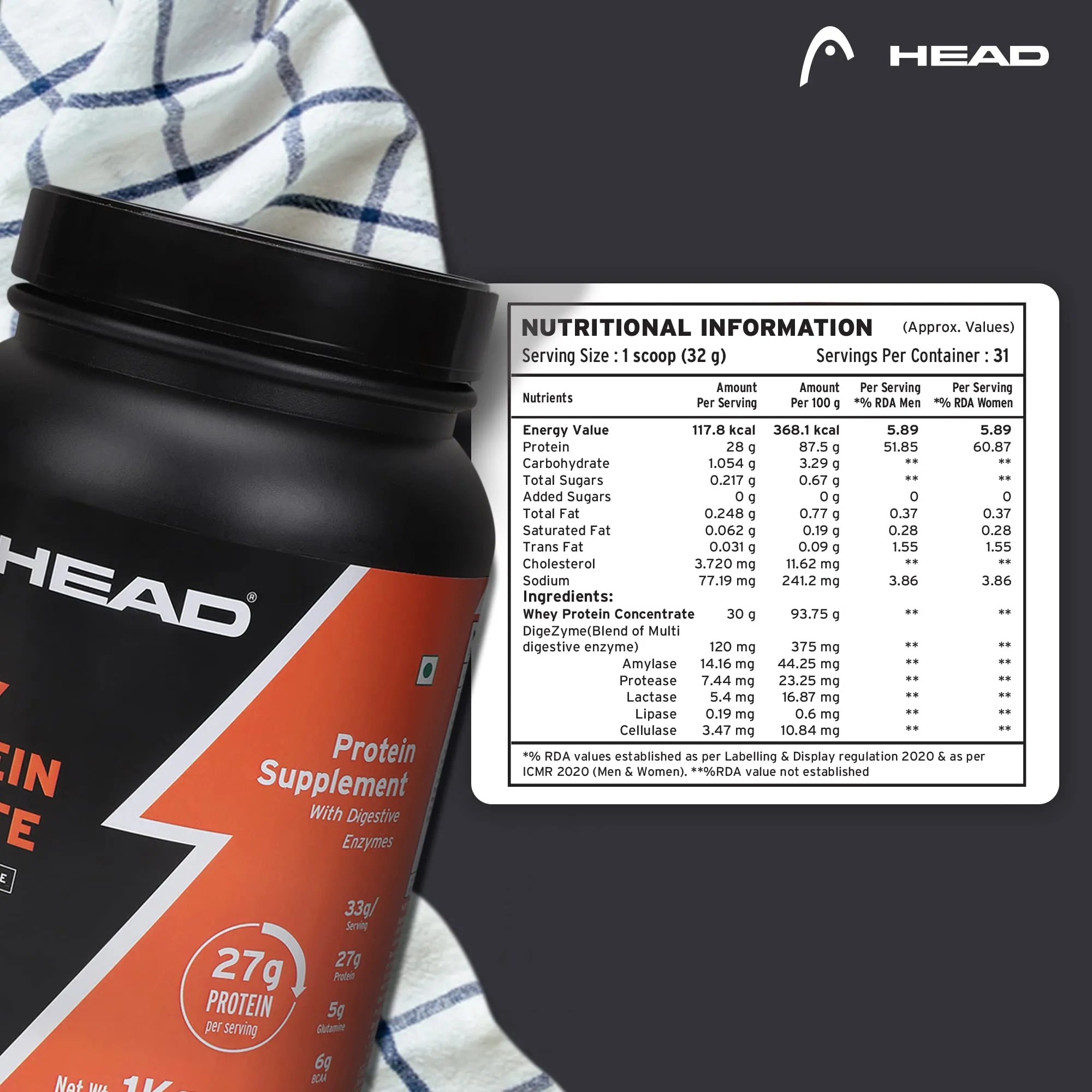 Head Premium 100% Whey Protein Powder Isolate, Pack of 1Kg for Athlete, Vanilla Flavor, 30 Serving, Sports & Fitness Enthusiast, Muscle Strength & Bone Health, Sugarfree - Primary Source - Whey Isolate (Sourced From Europe)