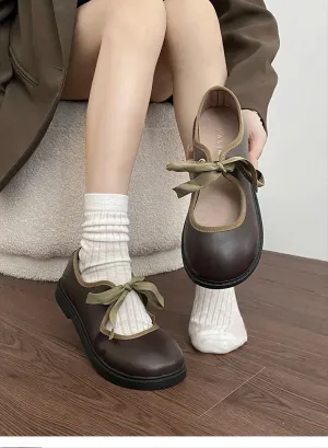 Hnzxzm French Shallow Mouth Brown Round Head Flat Bottom Single Shoes Women Vintage Mary Jane Shoes Lace-up Casual Student Shoes